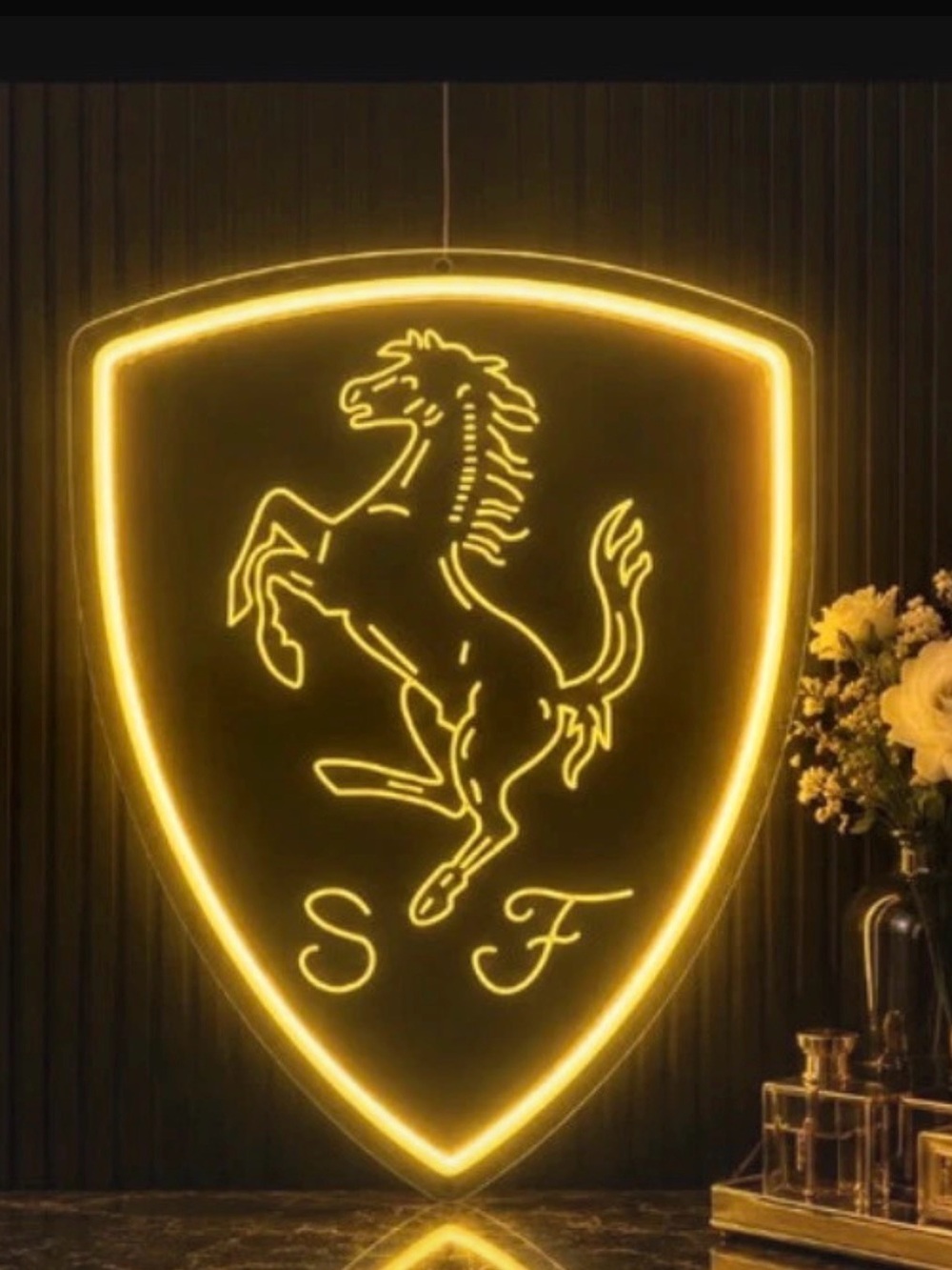 Neon Shield Wall Art - Yellow Prancing Horse Sign Ferrari